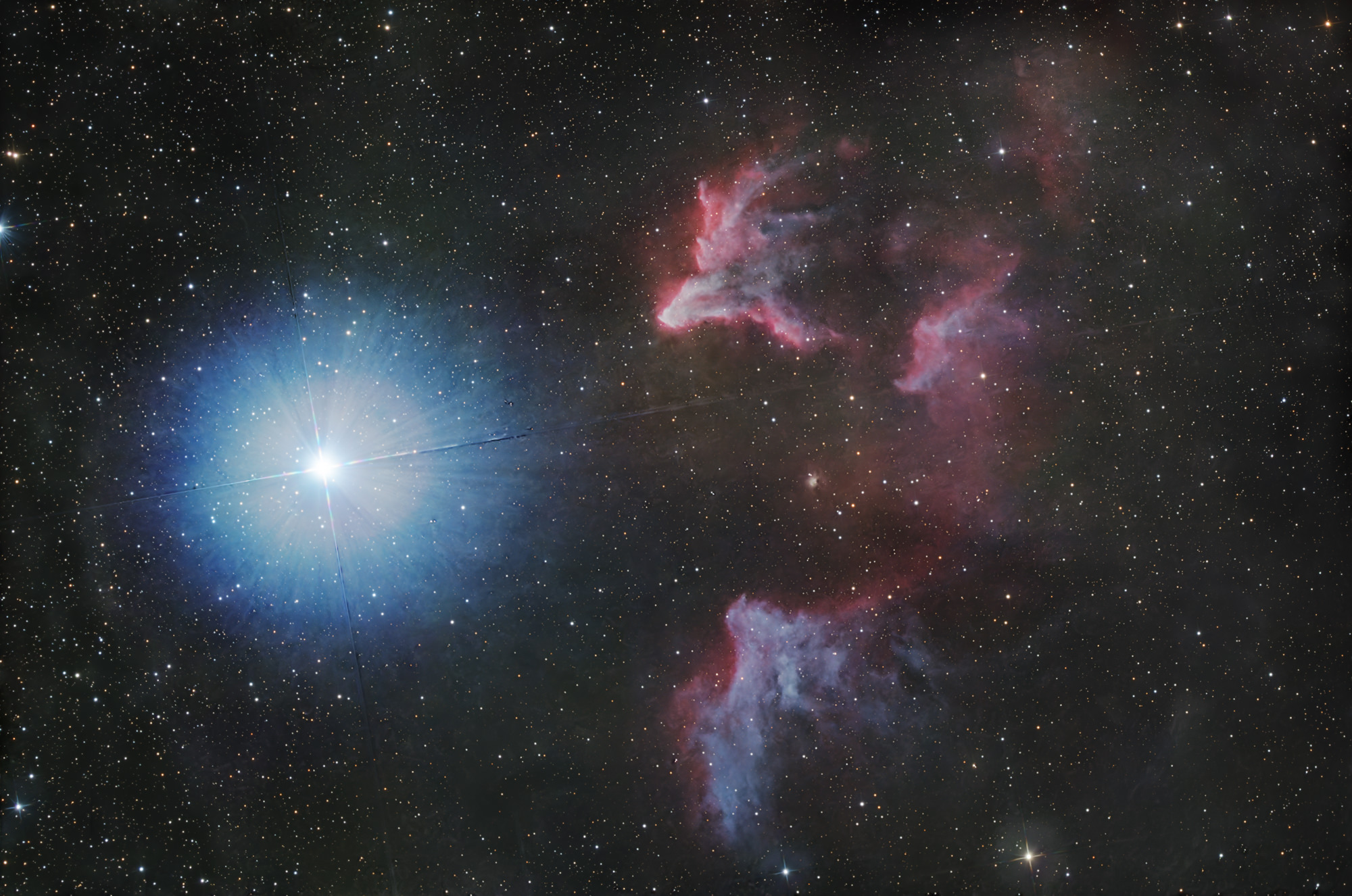 IC 63 and IC59 are an emission nebula in the constellation Cassiopeia. The bright star is Gamma Cassiopeiae γ Cas.